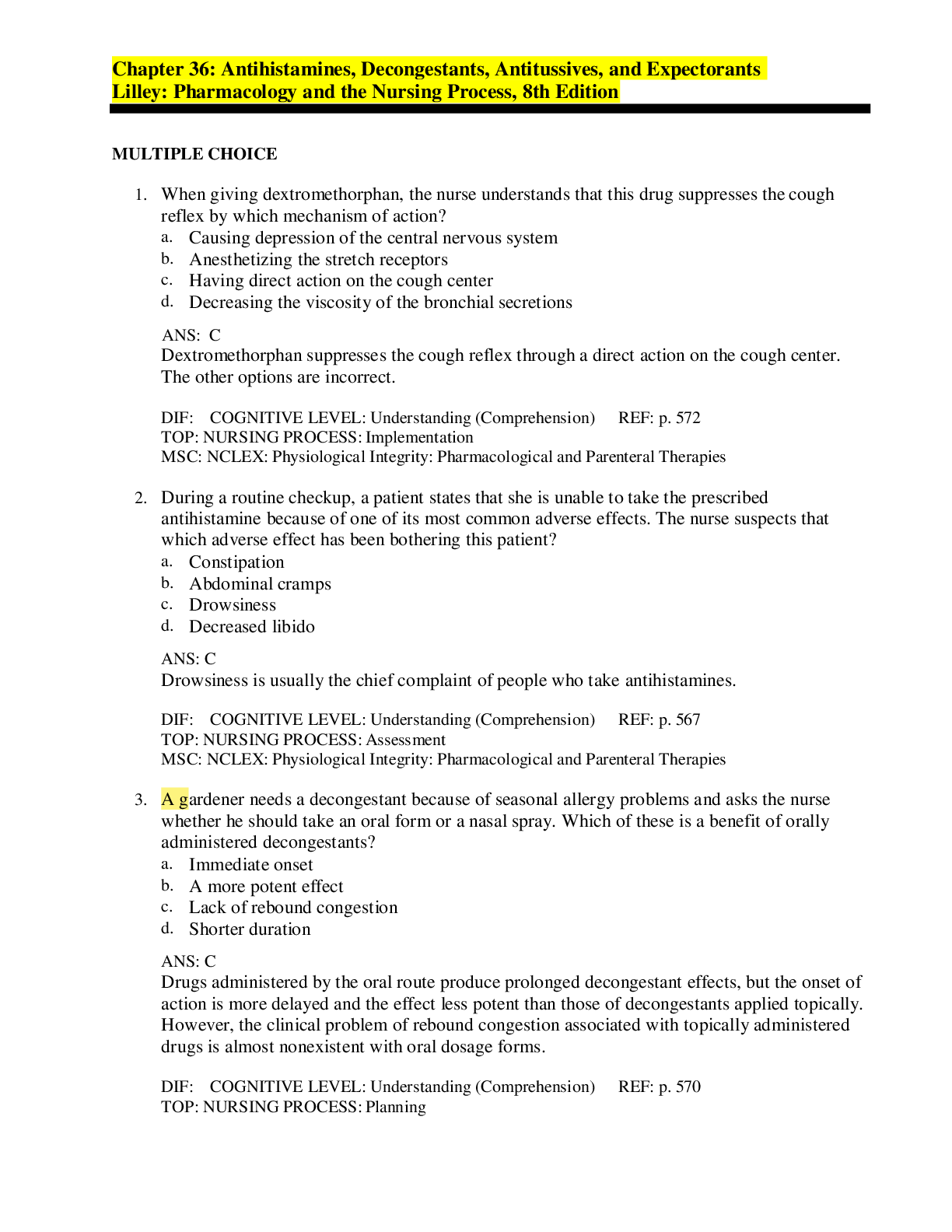 Preview image for Chapter 36: Antihistamines, Decongestants, Antitussives, and Expectorants Lilley: Pharmacology and the Nursing Process, 8th Edition